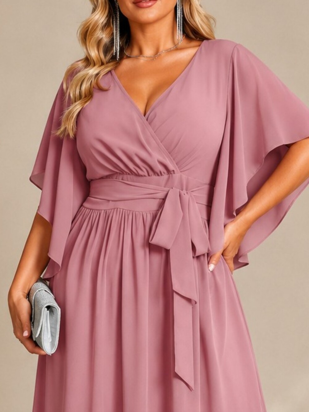 New Flowy Wrap Top Banded Belt Tie Waist Split Maxi Dress PLUS Dusty Pink